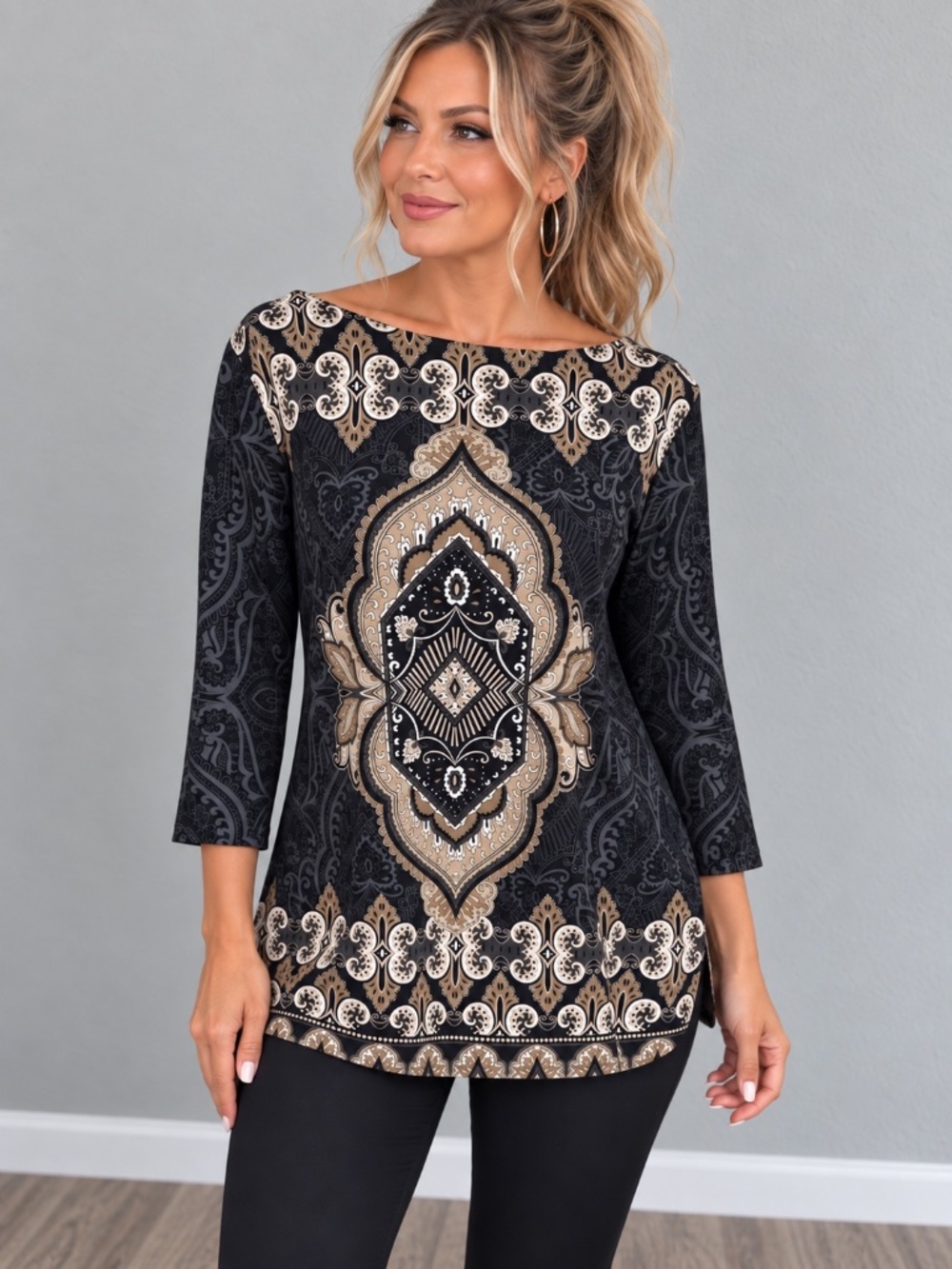 Charter Club Paisley Medallion Placement Print Boatneck Tunic Top Petite Large - Picture 1 of 8